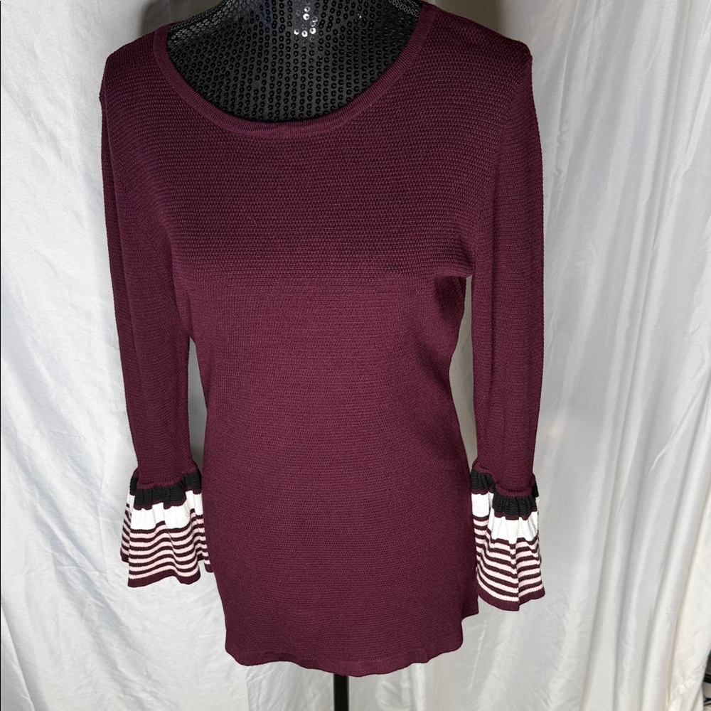 Elle Burgundy Long Sleeve Sweater with Striped Ruffled Cuffs